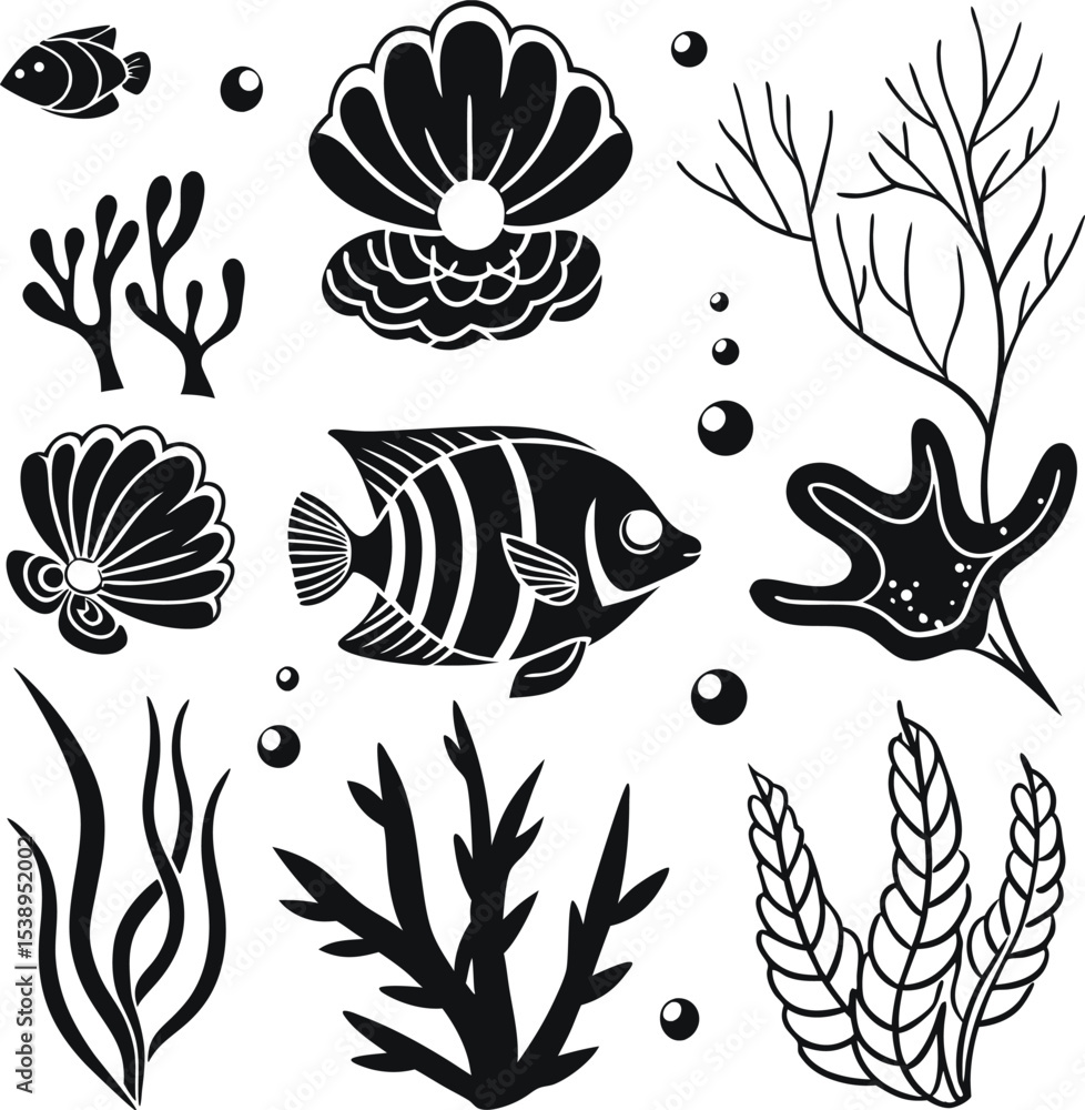 Fototapeta premium Underwater Life Set: A collection of black and white illustrations featuring various sea creatures and underwater plants, perfect for marine-themed projects.