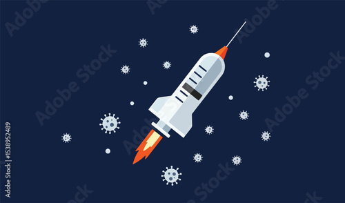Rocket-Shaped Syringe Launching into Space, Fighting Viruses