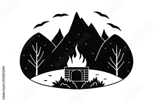 Mountain landscape with fire pit black and white