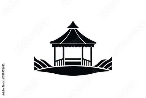 Gazebo silhouette on hill black and white illustration