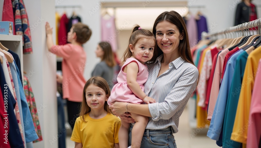 Fototapeta premium A mother shopping for clothes with her kids at a retail establishment