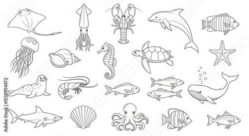 Set of 20 Hand-Drawn Outline Sea Animals and Marine Life Vector Icons for Oceanography, Aquarium, or Seafood Design