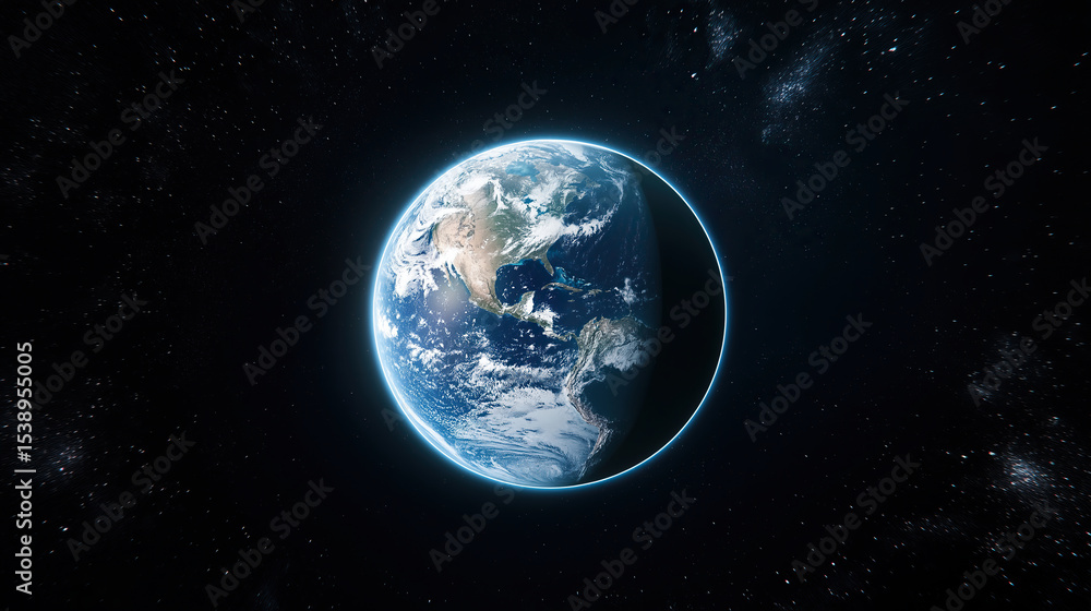 Obraz premium Realistic Earth in Cosmic Space: Blue Oceans, White Clouds, Dark Continents with Gradient Halo, Isolated Arc Light on Black Background