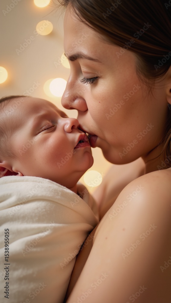 A tender portrait of a mother softly kissing her peaceful child surrounded by radiant symbols of love and serenity A tender portrait of a mother softly kissing her peaceful child surrounded by radiant symbols of love and serenity