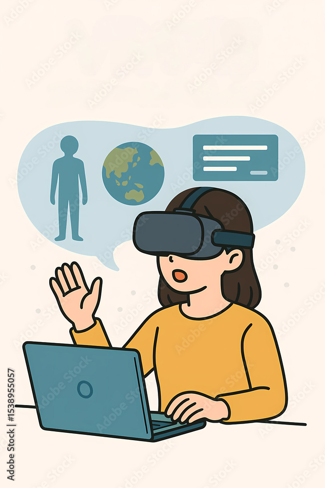 Person using VR headset interacts with a laptop and digital interface, representing virtual communication, exploration, and technology integration. Person using VR headset interacts with a laptop and digital interface, representing virtual communication, exploration, and technology integration.