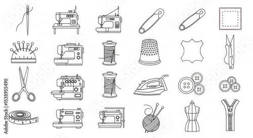 Sewing and tailoring equipment collection, outline vector icons on white background
