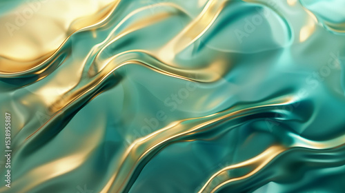 Teal and Gold 3D Fluid Gradients with Geometric Transparency on a Clean Minimalist Background