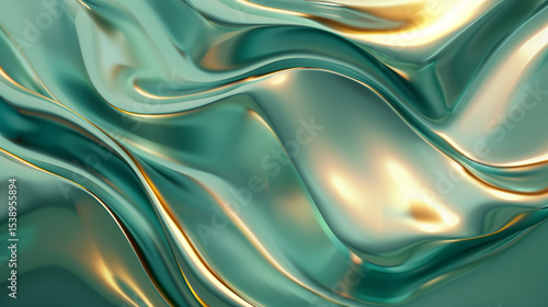 Teal and Gold 3D Fluid Gradients with Geometric Transparency on a Clean Minimalist Background