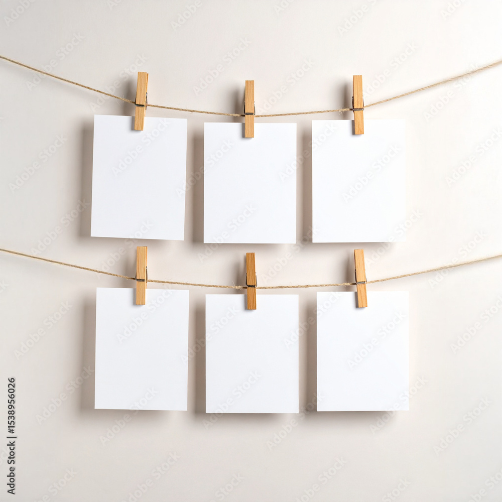 Blank Notes Hanging on Twine with Wooden Pegs Blank Notes Hanging on Twine with Wooden Pegs
