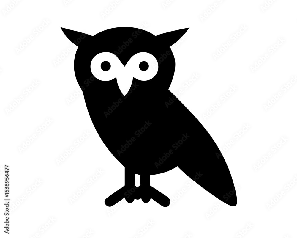 Front View Owl Perched Silhouette - Minimal Outline on Plain Background Front View Owl Perched Silhouette - Minimal Outline on Plain Background