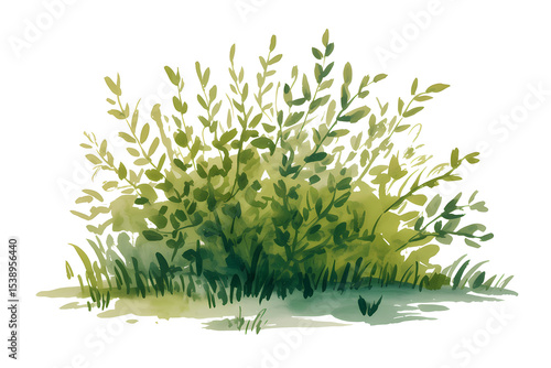 Watercolor illustration of a lush green bush with delicate leaves isolated
