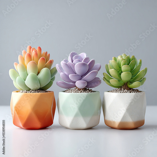 Three succulents in colorful geometric pots on white background home decor