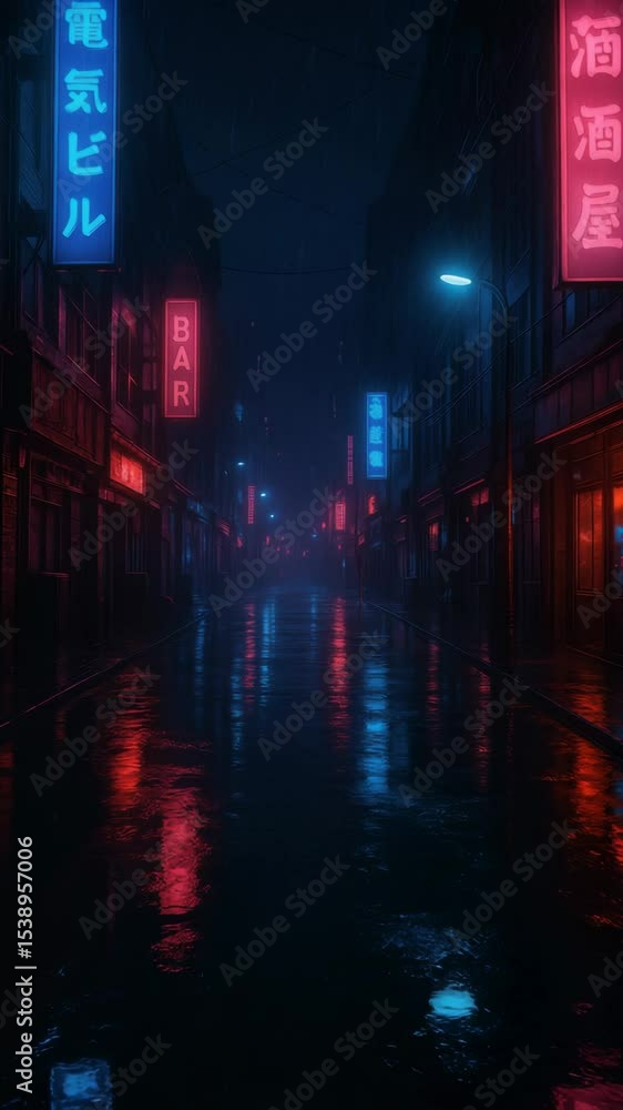 Moody neon-lit street in rain with glowing reflections and cyberpunk vibe Moody neon-lit street in rain with glowing reflections and cyberpunk vibe