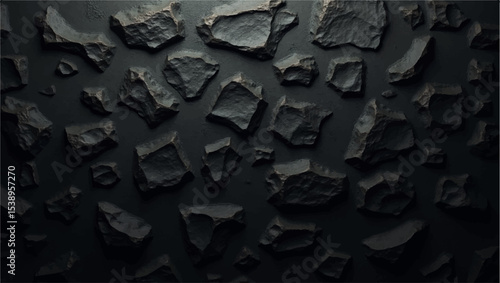 A dramatic,close-up shot of a textured black brick or stone wall,with strong,uneven lighting highlighting its rough,three-dimensional surface.The deep shadows and bright facets create a sense of depth