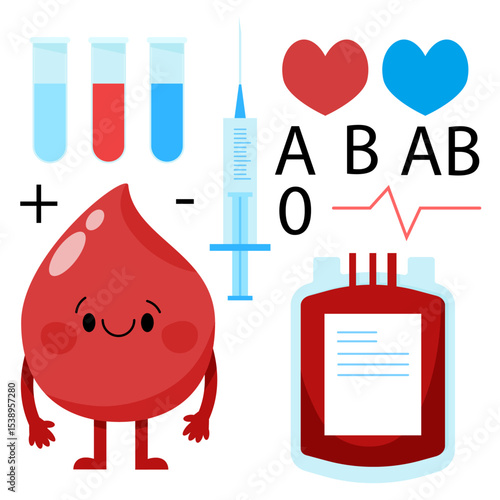 Set of a blood drop character, syringe, test tubes, hearts and a blood bag