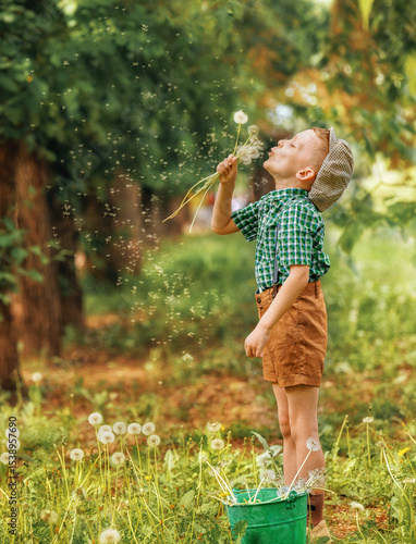 Beautiful cute boy in park blowing on dandelion in summer time. Five-year-old kid blowing flower outdoor on green
