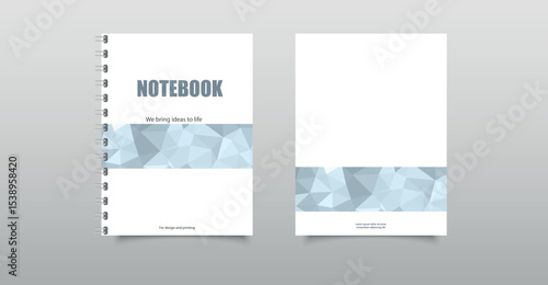 Clean and modern notebook cover mockup with spiral binding and abstract polygonal geometric pattern in soft blue tones. Ideal for branding, print, and office design presentations.