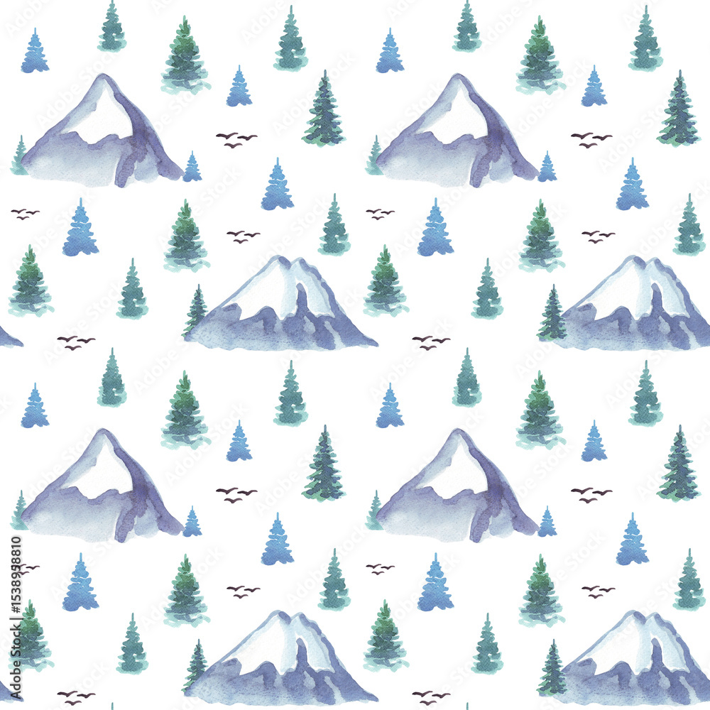 Fototapeta premium Seamless pattern with mountains. Watercolor illustration