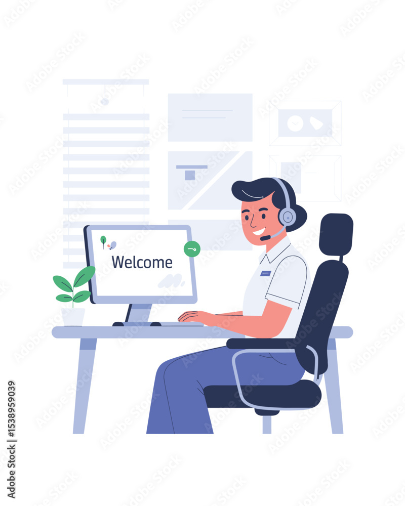 Friendly Customer Support Agent at Desk with Welcome Message on Screen Friendly Customer Support Agent at Desk with Welcome Message on Screen
