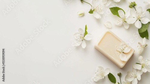 Soft soap surrounded by delicate white flowers on a clean, bright surface