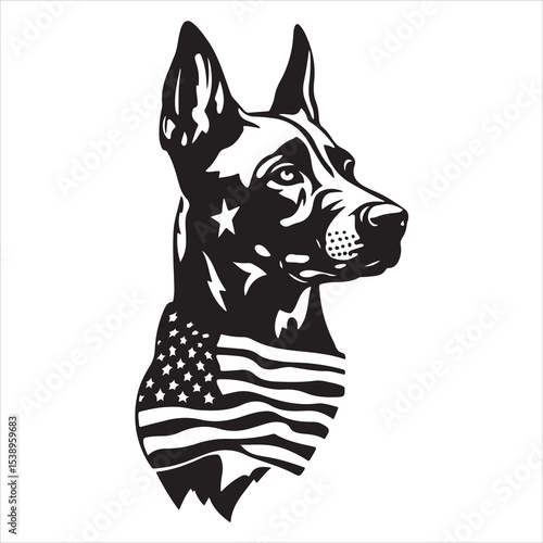 Patriotic Dog with American Flag Silhouette Vector – USA Independence Day Animal Graphic for Memorial Day, Fourth of July, Military Support, National Pride, and Pet-Themed Celebration Designs