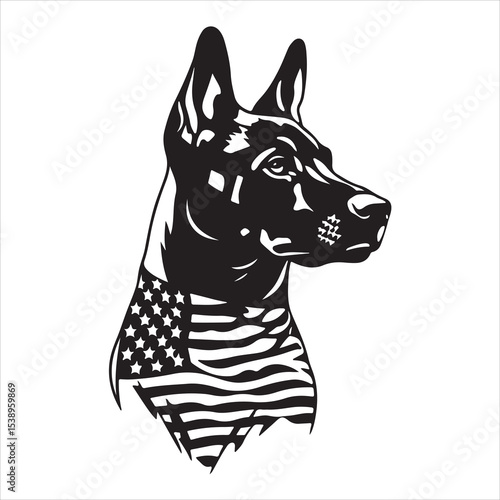 Patriotic Dog with American Flag Silhouette Vector – USA Independence Day Animal Graphic for Memorial Day, Fourth of July, Military Support, National Pride, and Pet-Themed Celebration Designs