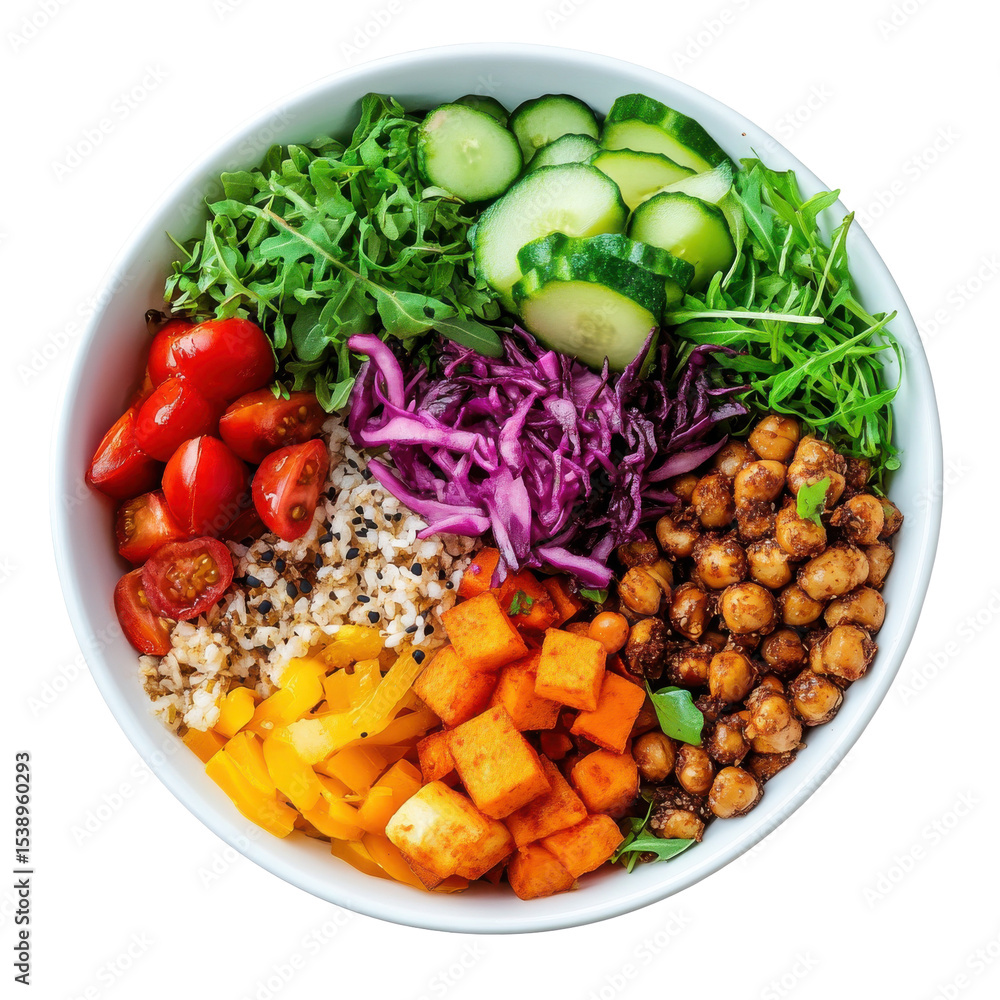 Colorful Vegan Buddha Bowl with Chickpeas, Fresh Vegetables, and Quinoa in a Bright Setting on transparent background Colorful Vegan Buddha Bowl with Chickpeas, Fresh Vegetables, and Quinoa in a Bright Setting on transparent background