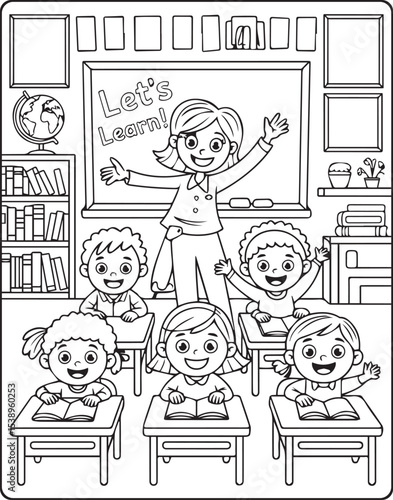 Teacher teaching in the classroom with students vector line art illustration coloring page for kids