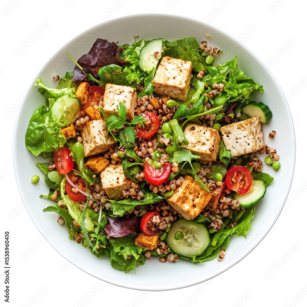 Fresh Tofu Salad with Grains, Vegetables, and Herbs in a Bright Bowl on transparent background Fresh Tofu Salad with Grains, Vegetables, and Herbs in a Bright Bowl on transparent background