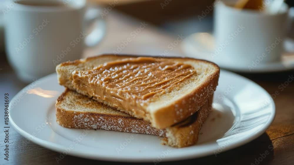 A classic combination - peanut butter sandwich on a plate with a cup of coffee A classic combination - peanut butter sandwich on a plate with a cup of coffee