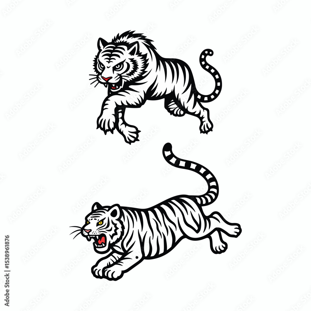 Obraz premium Vintage White Tiger Vector Set – Hand-Drawn Wild Animal Illustrations in Retro Tattoo Style