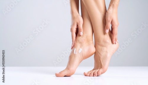 Woman applying moisturizing cream on her smooth and healthy feet Beautiful female legs and feet skincare routine