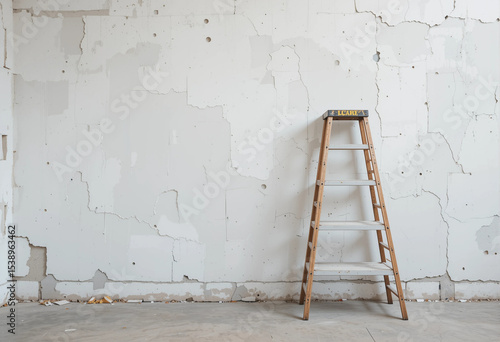 A ladder leaning against a wall in a room with a white wall