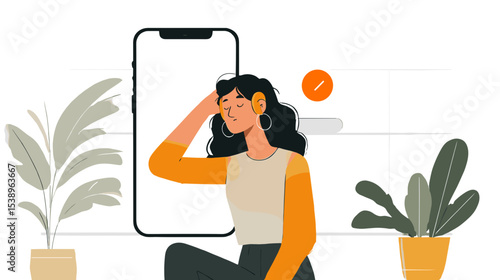 Woman with smartphone in cozy home interior practicing digital detox healthy lifestyle