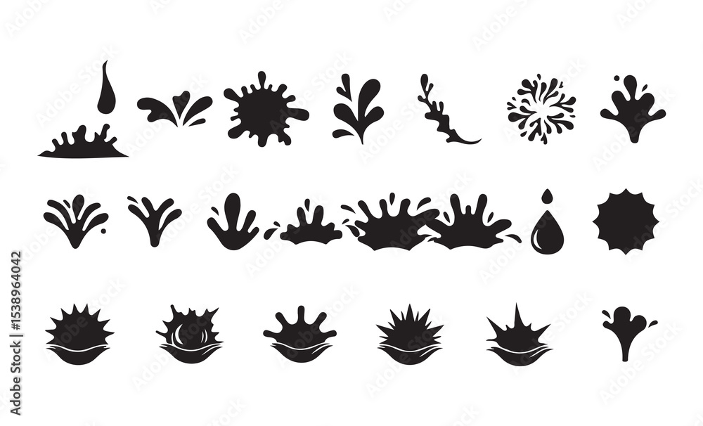 Naklejka premium Black Splash Icons Set. Water, Liquid, and Paint Drop Silhouettes Collection. Victor illustration eps 10