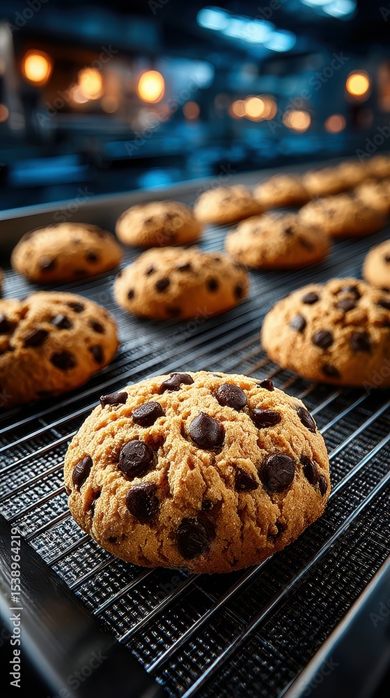Freshly baked chocolate chip cookies cooling on a rack in a cozy bakery setting during the evening Freshly baked chocolate chip cookies cooling on a rack in a cozy bakery setting during the evening