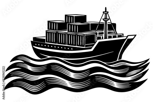 Cargo Ship Sailing on Ocean Waves Maritime Transport Illustration