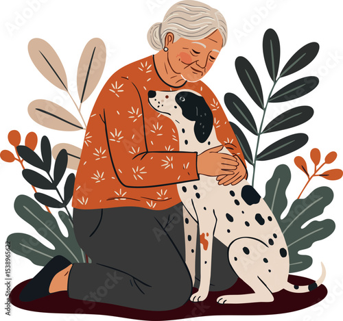 Elderly woman hugging Dalmatian dog in autumn garden with plants and leaves vector illustration 