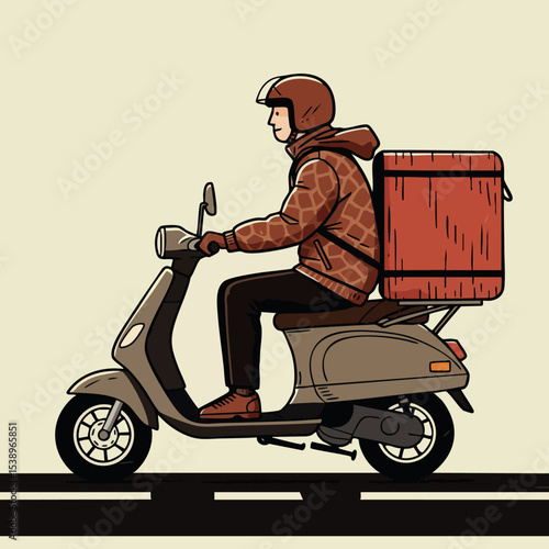 Delivery person riding scooter with red insulated box urban courier vector illustration 