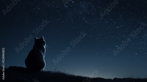 realistic cat on hilltop at night gazing at starry sky in silence
