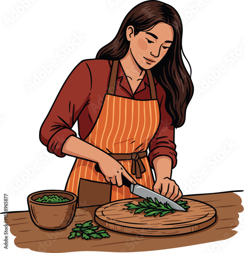 Woman chopping herbs cooking preparation kitchen apron illustration vector 
