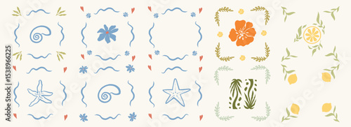Big summer set: summer pattern, summer, shell, flowers, hearts, lemon, sea, palm trees, print, tile, print, wallpaper, texture, collage, retro, fabric, underwater, vintage, ocean, tropical