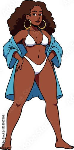 Confident dark-skinned woman in white bikini and blue robe standing pose vector illustration 