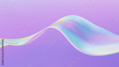 3D glass ribbon fluid wave. Abstract liquid background. Blue gradient holographic elements swirl with iridescent flow shapes and neon light. Bright spectral movement and colorful refraction.