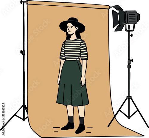 Woman posing in photography studio with beige backdrop and lighting equipment vector illustration 