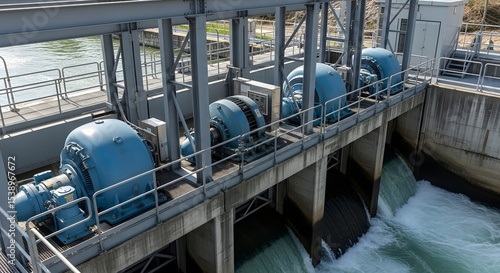 Hydroelectric power plant with blue turbines generating clean electricity. Renewable energy production and sustainable power generation.