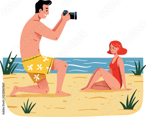 Man photographing woman on beach summer scene with camera and swimwear vector illustration 