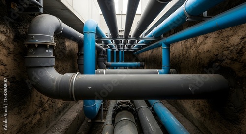 Underground water pipes with blue and grey piping. Infrastructure concept for plumbing, sewage, and drainage systems.