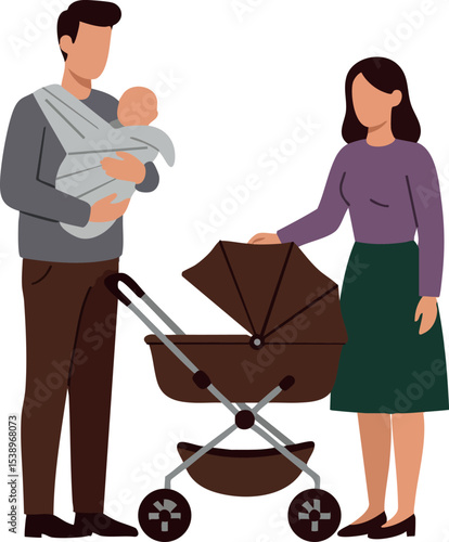 Young couple with baby and stroller family lifestyle vector illustration 