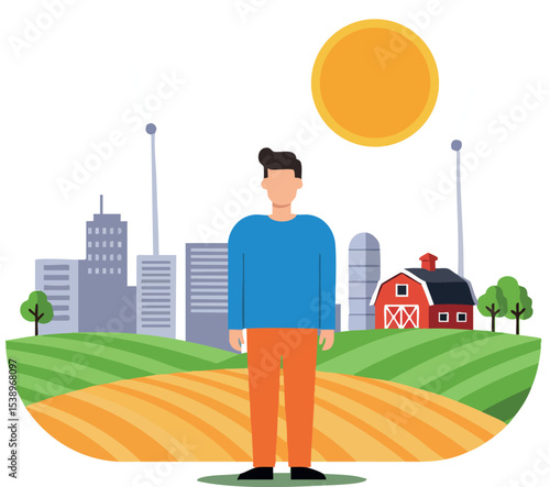 Man Standing in Rural Farm Field with City Skyline and Bright Sun Illustration 